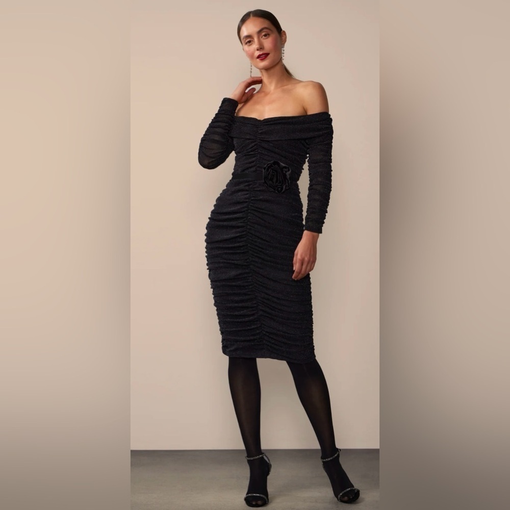 New York & Company Metallic Knit Rosette Ruched Elegant Black Off-Shoulder Dress